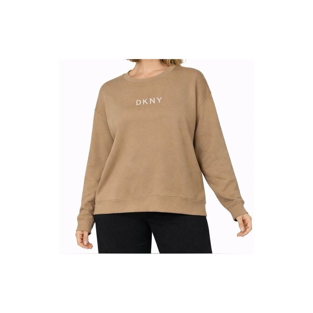 DKNY Top Womens Size XL Tan Long Sleeve Warm Logo Casual Fleece Pullover
